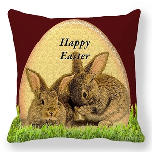 Détail de la housse de coussin Happy Easter avec lapins et œufs en peau de pêche