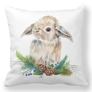 Détail de l'imprimé aquarelle lapin de Pâques et pomme de pin sur tissu peau de pêche