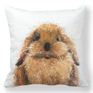 Détail d'une taie d'oreiller carrée avec motif de lapin style peinture à l'huile