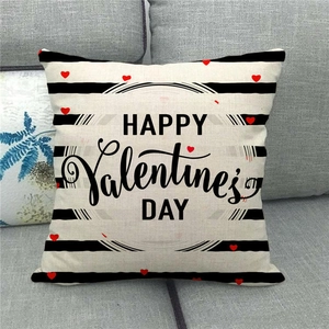 Detail of linen texture on Happy Valentine's Day pillow cover with red hearts