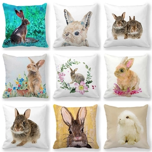 Taie d'Oreiller en Lin Rustique Lapin de Pâques Motif Aquarelle Lapin Œuf Housse de Coussin Carrée pour Décoration de Salon