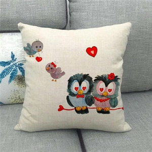 Detailed macro view of the linen texture and cartoon owl print on Valentine pillow cover