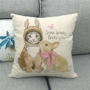 Linen blend throw pillow case with watercolor cat and bunny and Some Bunny Loves You text