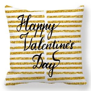 Housse de coussin Saint-Valentin avec rayures dorées et blanches et texte Happy Valentine
