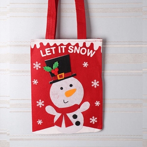 Detail of red non-woven Christmas gift bag with 3D snowman applique and snowy design