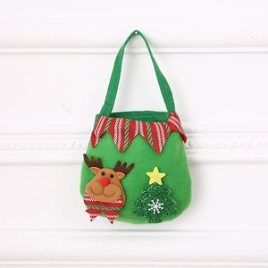 Close-up of green felt Christmas gift bag with 3D reindeer and glittery tree detail