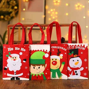 Set of four felt Christmas gift bags featuring Santa, Elf, Reindeer and Snowman designs