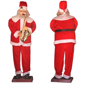 Standing 1.8m musical Santa Claus playing saxophone shown in front and back view