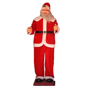 Macro detail of 1.8m musical Santa Claus velvet costume with gold belt and realistic beard