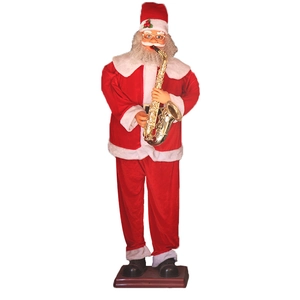Detail of 1.8m musical Santa Claus playing golden saxophone in red velvet suit