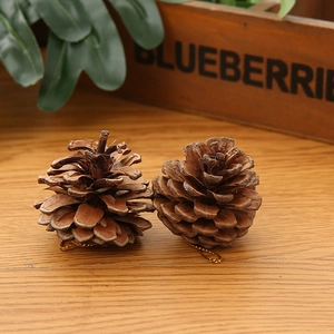 Natural pine cone ornaments with golden hanging strings on a rustic wooden tabletop