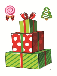 Detail of Christmas window stickers featuring colorful gift boxes and a lollipop