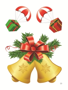 Detailed Christmas stickers featuring golden bells with red bows and parachute gift boxes