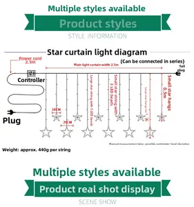 Schema tecnico della tenda luminosa a LED con stelle che mostra lunghezze e dimensioni