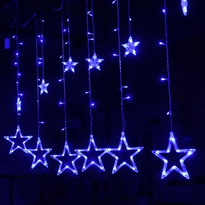 Close-up of vibrant blue LED star curtain lights with cascading glowing star ornaments