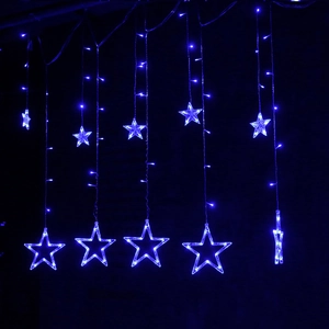 Blue LED star curtain string lights with large hollow and small solid star pendants
