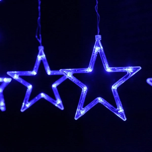 Close-up of blue LED star string lights with transparent housing for holiday decoration