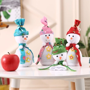 Christmas Snowman Gift Bag Plush Flannel Apple Candy Pouch With Polka Dot Scarf Star Decoration For Xmas Party Holiday Decor