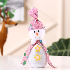 Detail of Christmas snowman plush ornament with floral hat and yellow star buttons