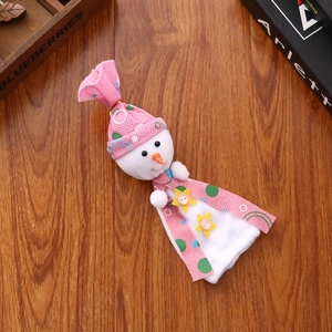 Cute plush snowman Christmas gift bag with pink patterned hat and yellow star buttons