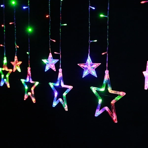 Multicolor LED star curtain lights with large and small glowing pentagrams for decor