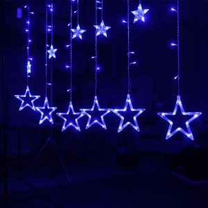 Star-shaped LED curtain lights in bright blue for Christmas and festive holiday decor