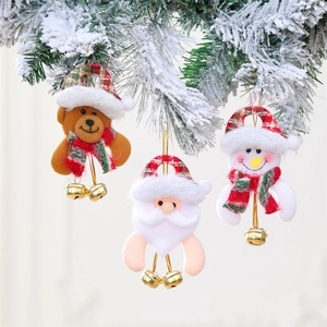 Plush Christmas ornaments set with Santa, bear and snowman featuring small golden bells