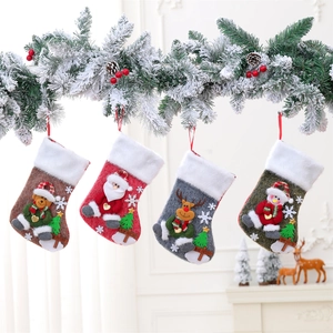 Christmas Stockings Hanging Gift Bags Felt Faux Fur Wood 3D Santa Snowman Reindeer Bear Fireplace Decoration