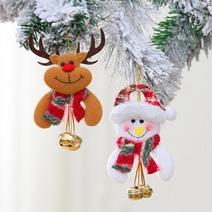 Christmas hanging ornaments featuring elk and snowman with bells on snowy pine branches