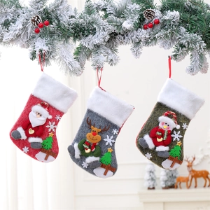 Detailed view of three Christmas stockings with Santa, reindeer, and snowman 3D characters