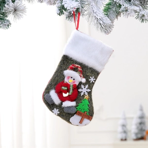 Detail of green felt Christmas stocking with snowman decor and white faux fur trim