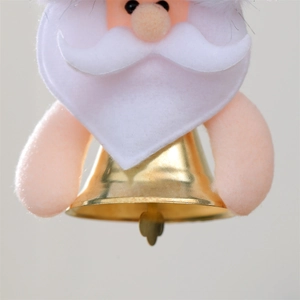 Detailed view of Santa bell ornament with golden bell and pink felt doll decoration