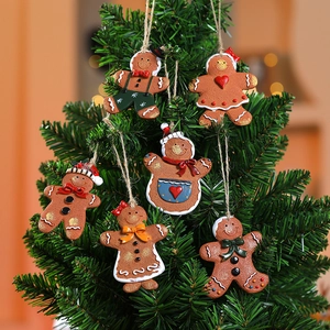 Resin Christmas Gingerbread Man Ornaments Cartoon Hanging Tree Decorations With Hemp Rope Festive Holiday Party Decor