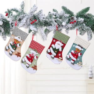 Large Christmas Stocking Decoration With Wooden Tag 3D Santa Snowman Reindeer Bear Burlap Plaid Holiday Gift Bag For Home Party