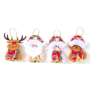 Set of 4 Christmas plush ornaments with bells featuring Santa, reindeer and snowman