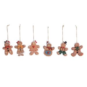 Set of 6 gingerbread man resin ornaments with diverse outfits for Christmas tree decor