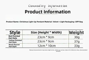 Size chart showing dimensions and weight for glowing Christmas gnome ornaments