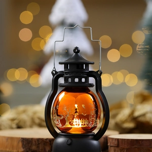 Close-up of Halloween pumpkin lantern decoration with vintage frame and glowing orange light
