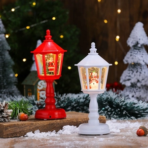 Lighted Christmas street lamp with music, glitter water, Santa and Snowman figurines