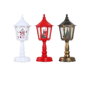 Lighted musical Christmas lanterns with snowman and Santa scenes in red, white and bronze