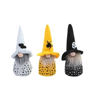 Three Halloween gnomes with bat spider and skull hats for festive home decoration