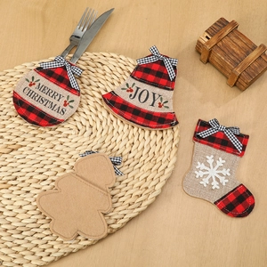 Christmas buffalo plaid cutlery holders set with burlap tree and bell shaped table decor