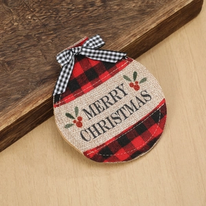 Rustic burlap Christmas cutlery holder with red buffalo plaid and Merry Christmas text