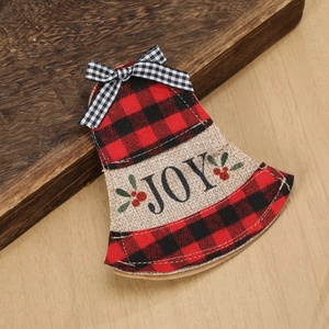 Rustic Christmas bell hanging decoration with buffalo plaid bow and JOY print on linen