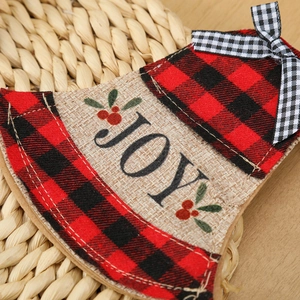Detail of red buffalo plaid and burlap Christmas silverware holder with JOY embroidery