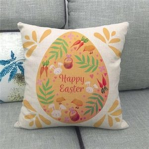 Dettaglio della federa in lino Happy Easter con stampe di coniglio e uova