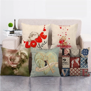 Happy Valentine's Day Linen Pillowcase Square Decorative Cushion Cover Heart Rose Cartoon Pattern For Home Sofa Bedroom Decor
