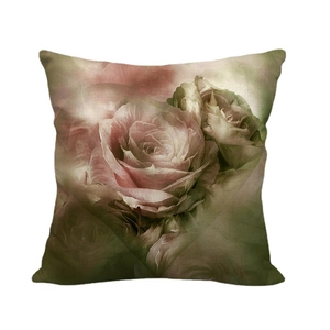 Linen blend throw pillow cover featuring vintage pink roses design on white background