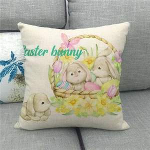 Linen Easter pillowcase detail showing hand-drawn bunny and floral egg patterns