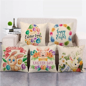 Fodera per Cuscino in Lino Buona Pasqua Federa Decorativa Con Motivo Floreale Coniglio Uovo Acquerello Per Divano Casa Soggiorno